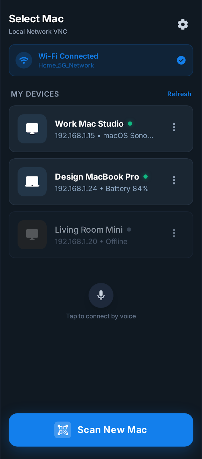 App iPhone — selecione um Mac salvo para conexão com um toque
